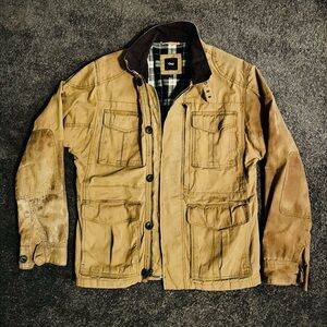 GAP Men's Tan waxed cotton motorcycle/field Jacket with Plaid Lining, small